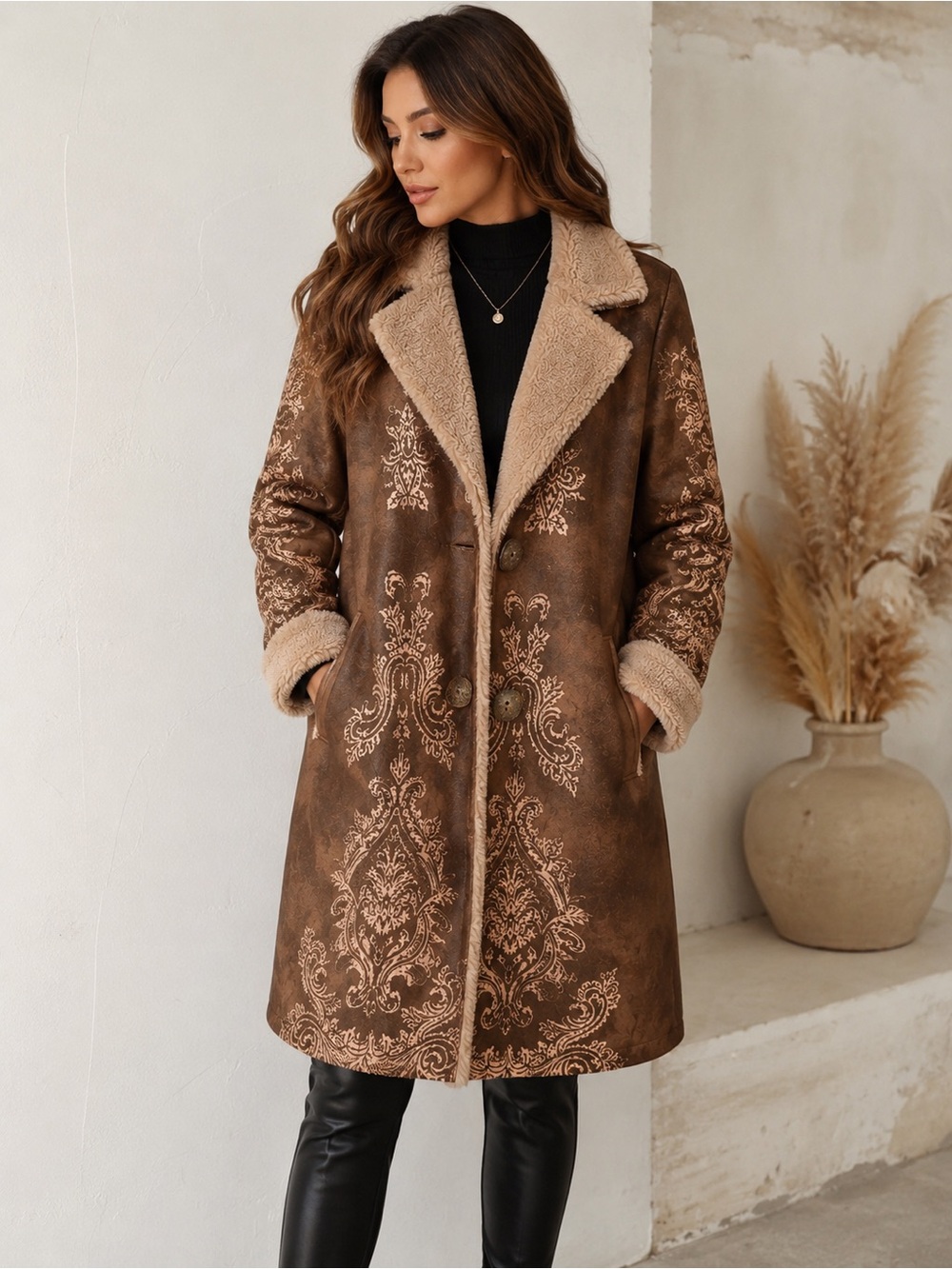Brown Faux Shearling Trimmed Coat - Women's Jacket